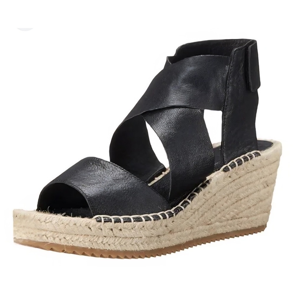 Eileen Fisher Willow Black Leather Espadrille Wedge Sandals Platform 10 NEW